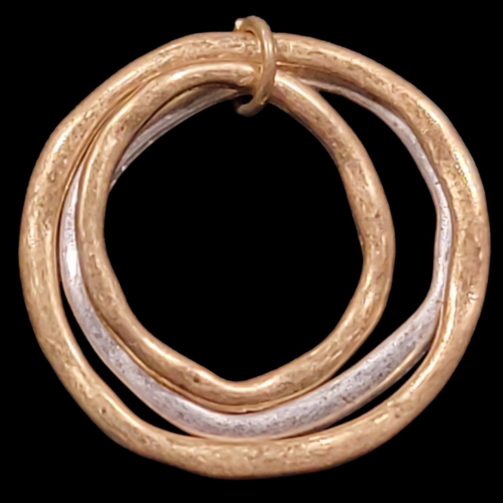 Modernist Style 2 Tone Triple Circle Pendant Silver & Gold Tone Organic Hammered